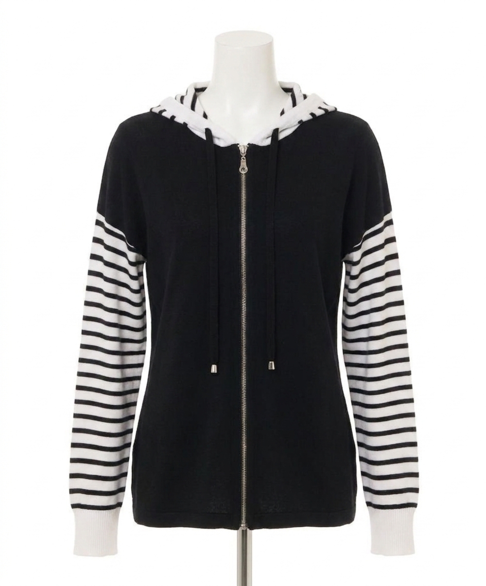 NEW FRENCH KYSS stripe sleeve zip up hoodie in black/white
